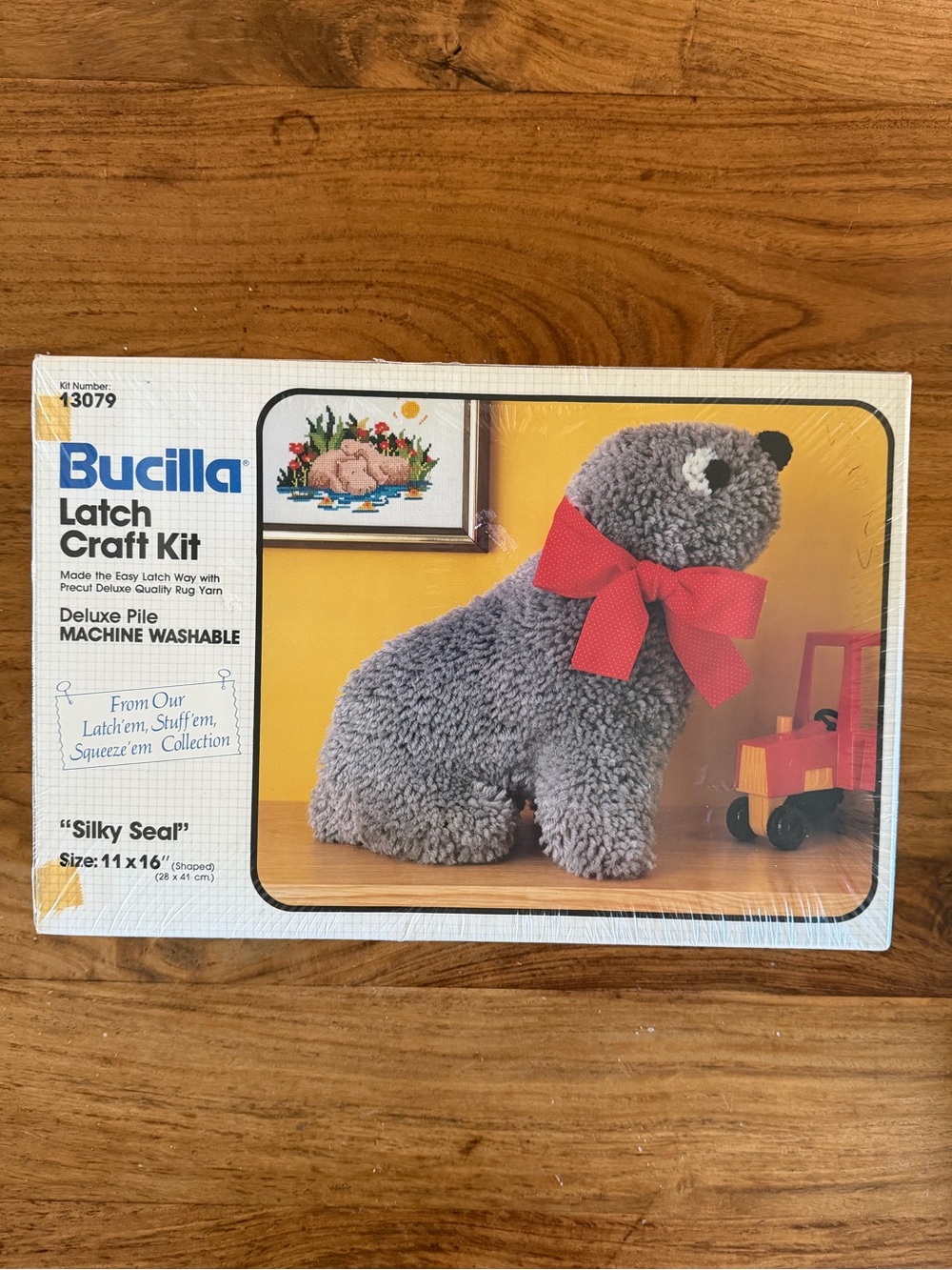 Vintage Bucilla Gray Seal Plush Latch Craft Kit with Red Bow